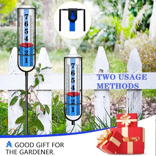 Rain Gauge Outdoor, Rain Gauges Outdoors Best Rated, Accurate Rain Measure Gauge for Garden, Thickened Tube Rain Meter with Stake, Adjustable Height & Large Font Water Gauge for Rain, Easy to Read