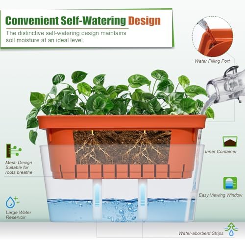 OurWarm Windowsill Herb Planter Box Indoor Set of 3, 10.5 Inch Self Watering Planter Pots with Visual Water Level Window, Modern Plastic Plant Pots for Herbs, Vegetables, Succulents Plants