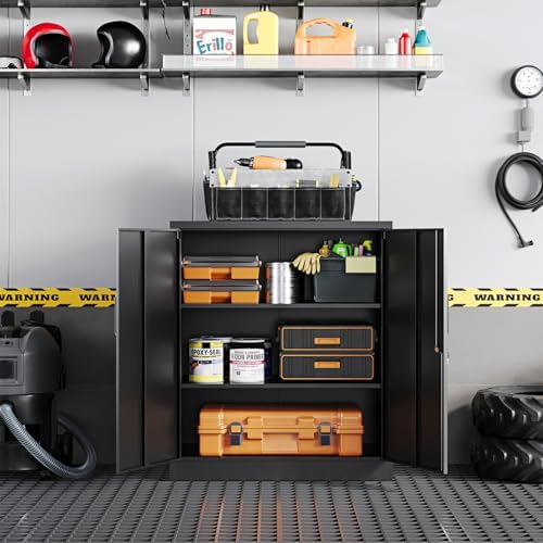 Yizosh Metal Garage Storage Cabinet with 2 Doors and 2 Adjustable Shelves - 35.5" Steel Lockable File Counter Cabinet for Home Office,Garage,Gym,School（Black） (Pack of 2)
