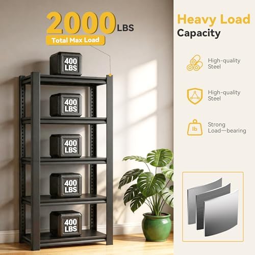 SAWJEC 5-Tier Metal Shelving, 62" H x 28" W x 12" D Black Storage Shelves