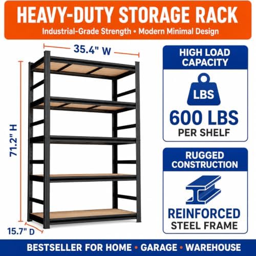 PRESTELION Heavy Duty Garage Shelving with Adjustable Wood Shelves 5 Tier