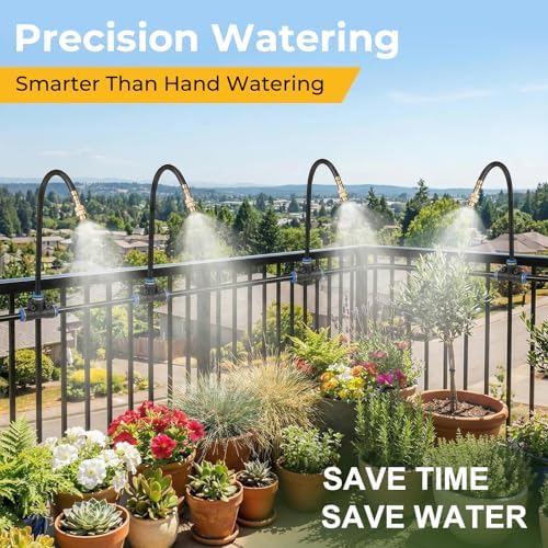 Drip Irrigation Kit for Garden 30FT, 360° Adjustable Watering System with 1/4" Tubing, Brass Misting Nozzles, DIY Micro Irrigation System for Potted Plants, Patio, Greenhouse