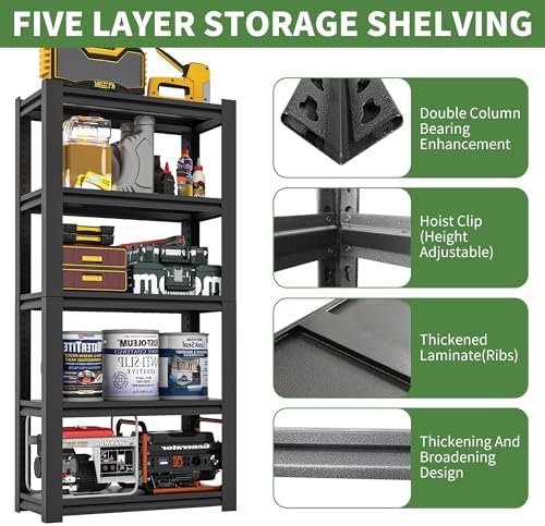 72" H Garage Shelves, Garage Shelving Heavy Duty, 2500Lbs 5 Tier Adjustable Garage Storage Shelves Suitable for Warehouse, Basement, Workshop, Kitchen, Require Assembly, 16" D*36" W*72" H(Black)