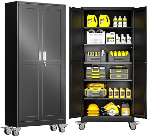GAIOUS Metal Garage Storage Cabinet with Lock, Steel Tool Cabinet with 2 Doors and 5 Adjustable Shelves, 75” Tall Lockable File Cabinet with Wheels, Organization for Home Office Garage Gym - Black