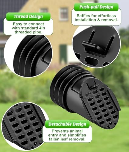 Rain Gutter Downspout Extension Hose Guard, Drain Downspout Extender Outlet Filter and Leaf Guard, for Standard 4'' Circular Threaded Hose, Black