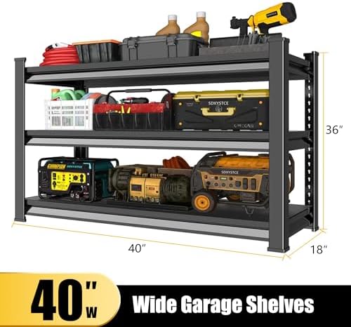 40" W Garage Shelving Heavy Duty, 1440LBS Loads Garage Storage Shelves Heavy Duty, 3-Tier Metal Shelving Units and Storage Racks, Industrial Utility Shelf,40" Wx18 Dx36 H, Black
