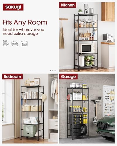 Sakugi 5-Tier Storage Rack Organizer with Hooks, Heavy Duty Metal Garage Rack with Leveling Feet, Freestanding Utility Rack for Bedroom, Balcony and Garage, 18.1"×12.4"×56.8", Black