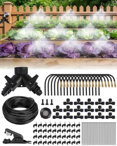 120FT Drip Irrigation System for Garden with 18 Nozzles –360° Adjustable Misting Nozzles, Quick-Connect Design, Ideal for Raised Beds, Lawns, Greenhouses & Outdoor Cooling