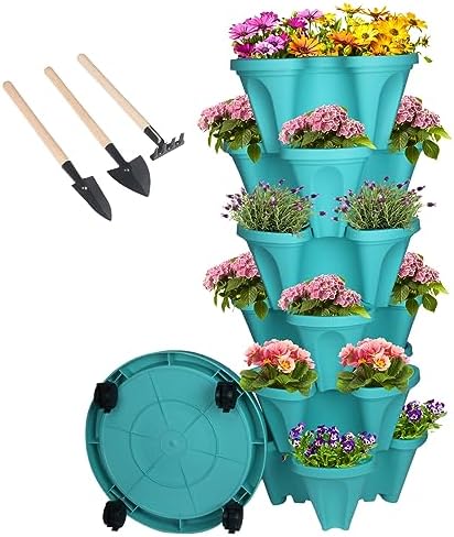 GameXcel Vertical Planter Tower - 6 Tier Stackable Garden Planters with Wheels and Tools Plant Pots for Strawberry Herb Flower and Vegetable Indoor Outdoor Use Teal