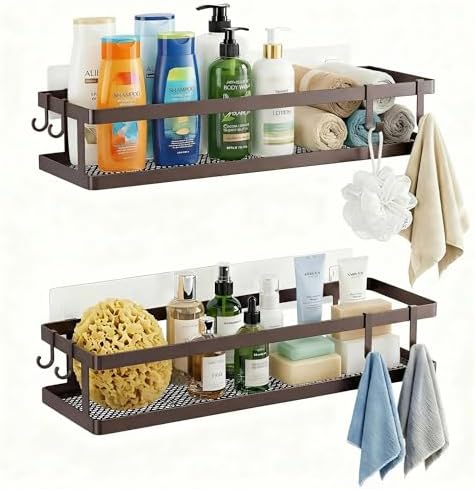 PUSDON 2-Pack 16.5" Extra Long Slim Shower Caddy, Adhesive Wall Mount Bathroom Organizer, Rustproof Open Frame Mesh Spice Rack for Kitchen, Holds 50LBS - Vintage Bronze, Guardrail