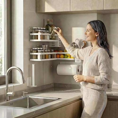 PUSDON 5-in-1 Shower Caddy & Kitchen Organizer Set, Wall Mount Wide Spice Rack with Paper Towel Holder, Utensil Holder, Soap Dish, Rustproof Mesh Baskets Hold 50LBS - White, Guardrail