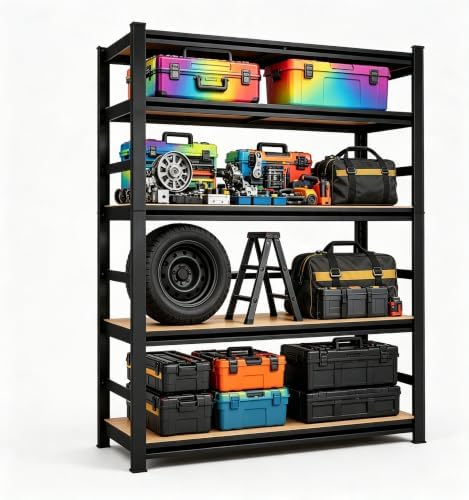 Garage Shelving, 3000 LBS Heavy Duty Metal Storage Shelves with Anti-Fall Rails, 5-Tier Adjustable Wooden Storage Rack for Garage, Warehouse, Basement, 27.6" Wx 11.8" Dx 63.0" H