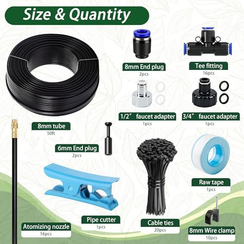 Lawn & Garden Watering Equipment,360° Adjustable Drip Irrigation System,50 ft Garden Plant Watering System with 15 Nozzles, 5/16 inches Hose Greenhouse Accessories for Yard, Lawn, Plants
