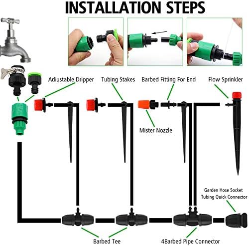 Drip Irrigation System, 100FT Drip Irrigation Kit for Garden - 50FT Main & 50FT Branch Tubing, Adjustable Nozzles for Drip or Mist Cooling, Irrigation System for Garden, Lawn, Patio, Raised Bed