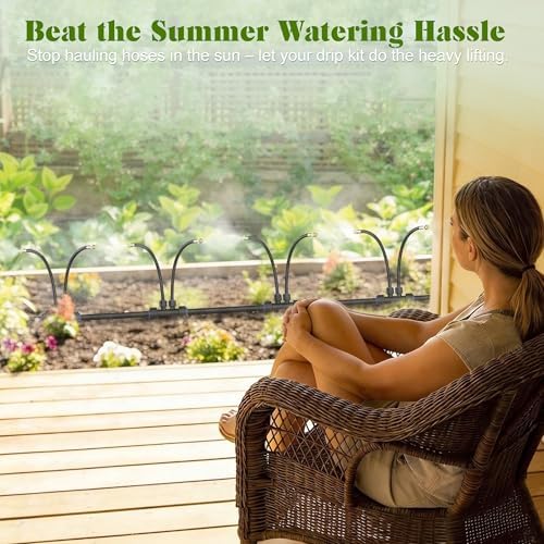 Drip Irrigation System for Garden, Automatic Watering System with Adjustable 360° Copper Spray Nozzles, DIY Drip Irrigation Kit for Yard, Lawn, Greenhouse, Raised Beds & Potted Plants (40FT)