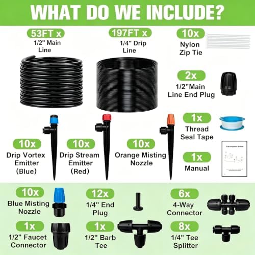 250FT Drip Irrigation System for Garden with 40 Nozzles & Emitters, Garden Watering System with 1/2" & 1/4" Tube and Barbed Fittings - Adjustable Sprinklers Kit for Greenhouse, Lawn, Raised Bed