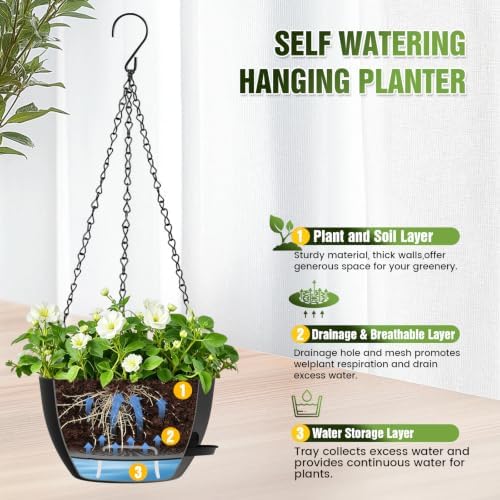 8 Inch Self Watering Hanging Planters Set of 3 with Saucers