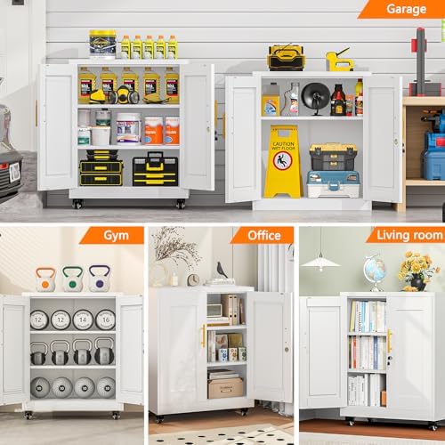 Small Metal Storage Cabinet with Wheels, Lockable Tool Cabinet with Doors