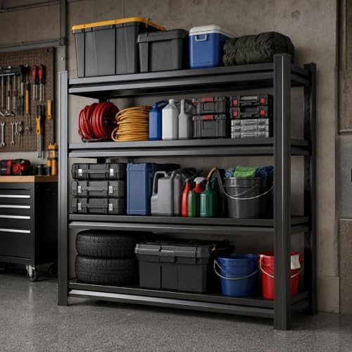 Garage Shelving, 2400 LBS Heavy Duty Metal Storage Shelves, 4-Tier Adjustable Storage Rack for Garage, Warehouse, Basement, 14" Wx 12" Dx 44.1" H