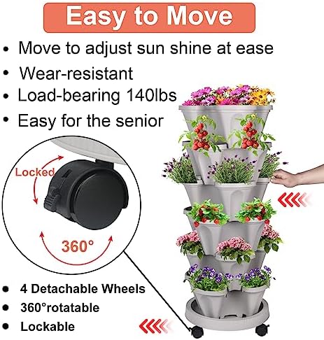 GameXcel Vertical Planter Tower - 6 Tier Stackable Garden Planters with Wheels and Tools Plant Pots for Strawberry Herb Flower and Vegetable Indoor Outdoor Use Gray 2 Pack