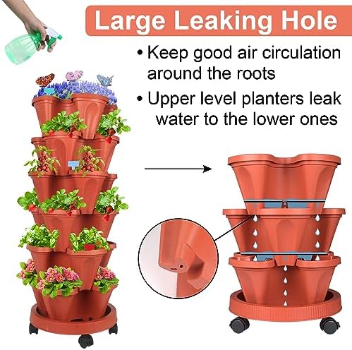 GameXcel Vertical Planter Tower - 6 Tier Stackable Garden Planters with Wheels and Garden Tool Set Plant Pots for Strawberry Herb Flower and Vegetable Indoor Outdoor Use Red