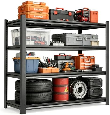 46''W Garage Shelving Heavy Duty Metal Storage Shelves Series, Large Industrial 4tier Shelving Unit for Basement, Business, Factories, Commercial, Warehouse and Workshop (54''Hx46''Wx16''D, Black)