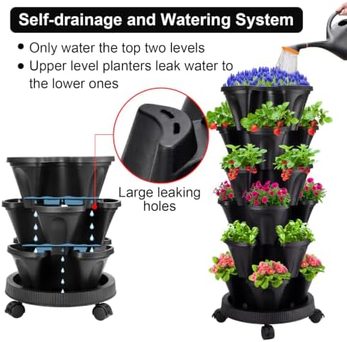 GameXcel Vertical Planter Tower - 6 Tier Stackable Garden Planters with Wheels and Garden Tool Set Plant Pots for Strawberry Herb Flower and Vegetable Indoor Outdoor Use Black