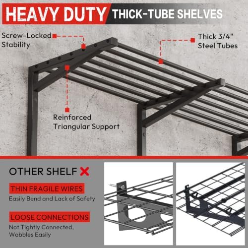 Garage Wall Organizer with Storage Shelves, 32" Garden Tool Organizer with Shelving Units and Hooks Hangers, Heavy Duty Metal Shelf with Shovel Rake Holder, Garage Organization Rack for Yard Shed Lawn