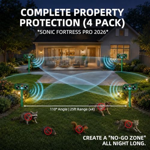 Solar Animal Repeller Outdoor, 4 Pack Ultrasonic Deterrent for Deer