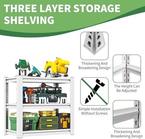 Garage Adjustable Storage Shelves, 3 Tier, Heavy Duty, 31" H*34.5" W*19.5" D, White