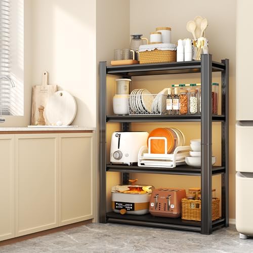 4-Tier Storage Shelves Organizer, Racks for Storage, Adjustable Metal Kitchen Shelving Loads 1600LBS, Portable Closet Shelving Unit, Kitchen Bakers Shelf Microwave Stand on, Black