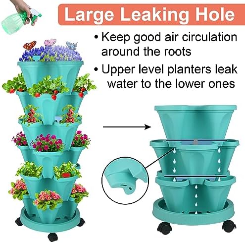 GameXcel Vertical Planter Tower - 6 Tier Stackable Garden Planters with Wheels and Garden Tool Set Plant Pots for Strawberry Herb Flower and Vegetable Indoor Outdoor Use Teal