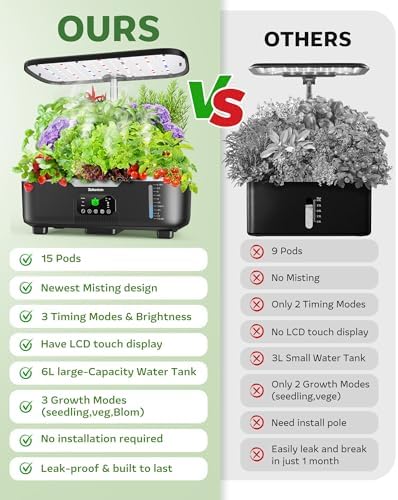 Misting Hydroponic Growing System Kit 15-Pods Indoor Smart Herb Garden Planter with LCD Touch Panel 6L Large Tank for Herb/Vegetables/Flowers/Fruits,Gardening Gifts for Women Men Beginners-Black