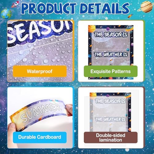 Outer Space Galaxy Season and Weather Calendar Bulletin Board Season Calendar Posters with Weather Cards Hook and Loop Dots for Classroom Wall Decor Preschool Kindergarten Student Teacher Supplies