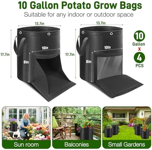 4 Pack Potato Grow Bags 10 Gallon with Harvest & Visible Window Thickened Garden Bags to Grow Vegetables with Handles & Metal Grommets for LST, Fabric Pots for Growing Carrots, Tomatoes, Onions