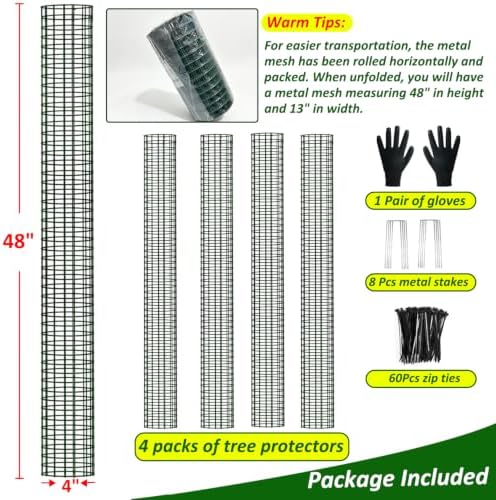 48" Metal Tree Trunk Protector, 4 Pack Mesh Tree Guards Tree Protectors with Zip Ties, Stakes, ExpandableTree Trunk Protector Guard, Tree Protectors from Deer, Mower, Animals(48",4 Pack)