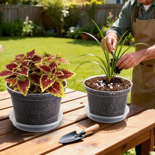 RooTrimmer 12 Pack 8 Inch Clear Plant Pots with Saucers, Transparent Plastic Nursery Pots with Drainage Hole, Sturdy Garden Planter Pots, Planting Starter Pots for Indoor Outdoor