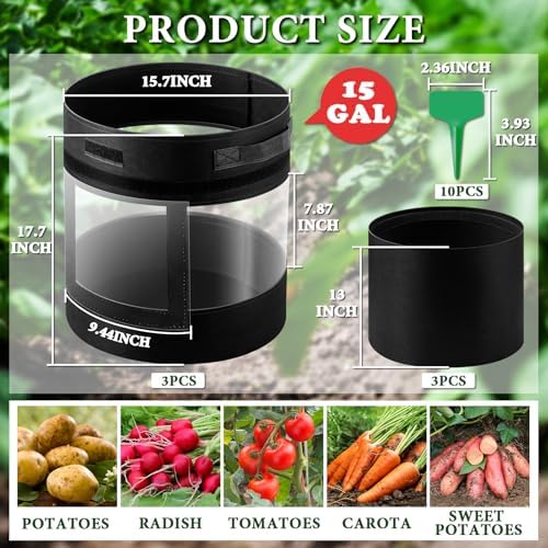 3 Pack 15 Gallon 360° Visibility Potato Grow Bags with Shading Flap