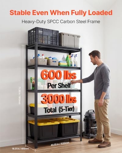 VEVOR Storage Shelves, 5-Tier Adjustable, 3000 lbs Capacity, Heavy Duty Garage Storage Shelving Unit, Metal Utility Rack Shelf, for Garage Warehouse Basement Kitchen, 40.55" W x 18.31" D x 71.38" H