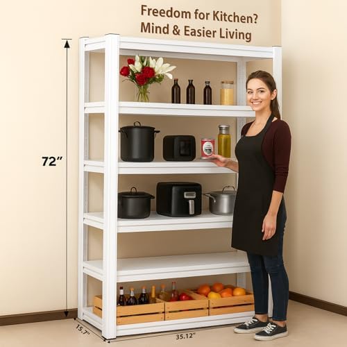 White 72"h *35.12"w*15.7"d Storage Shelves Shelving: Adjustable Metal 5-Heavy-Duty-Shelf (Unit)-Rack Industrial Utility Household Organizer/Systerm for Kitchen Pantry/Bedroom/Garage/Closet