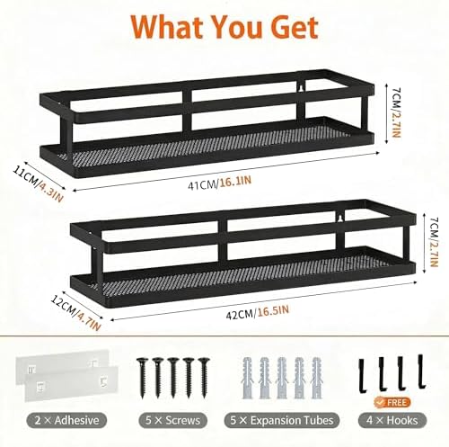 PUSDON 2-Pack 16.5" Extra Long Slim Shower Caddy, Adhesive Wall Mount Bathroom Organizer, Rustproof Open Frame Mesh Spice Rack for Kitchen, Holds 50LBS - Matte Black, Guardrail