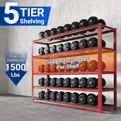 FLEXIMOUNTS Garage Shelving, 60" W x 72" H x 24" D, Red, 5 Tier