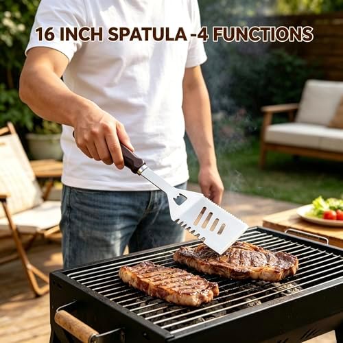 Grilling Accessories - 16 Inch Extra Long BBQ Accessories Grill Gifts for Men, Barbecue Grilling Tools Utensils Set with Spatula, Fork, Brush, Tongs, Thermometer