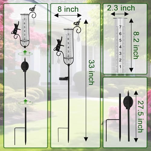 33" Solar Garden Rain Gauge - 7" Glass Tube for Outdoor Indoor Use, Patio Yard Decor Statue,Metal Cat & Bird Rain Gauge.