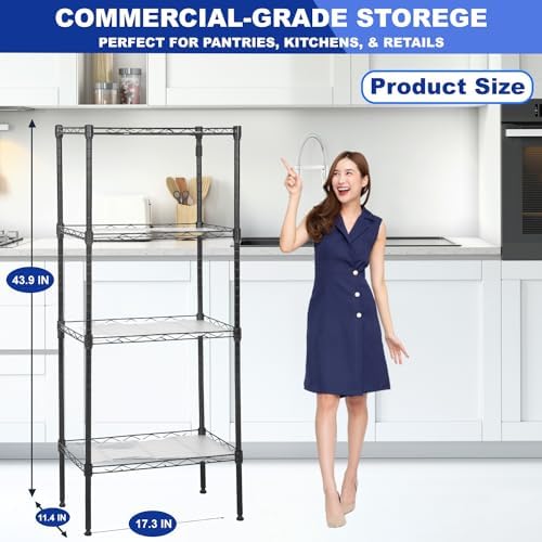PayLessHere | 4-Tier Wire Shelf | 18"x12"x44" | Black | Adjustable Racks | Heavy-Duty Storage Shelves, Holds Upto 600 lbs | Rust-Resistant, No-Tool Assembly | for Home, Garage Shelving