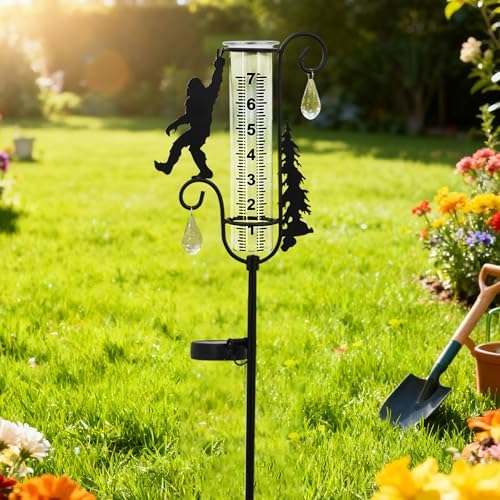 Rain Gauge Outdoor with Decorative Metal Black Sasquatch Solar Light Stake