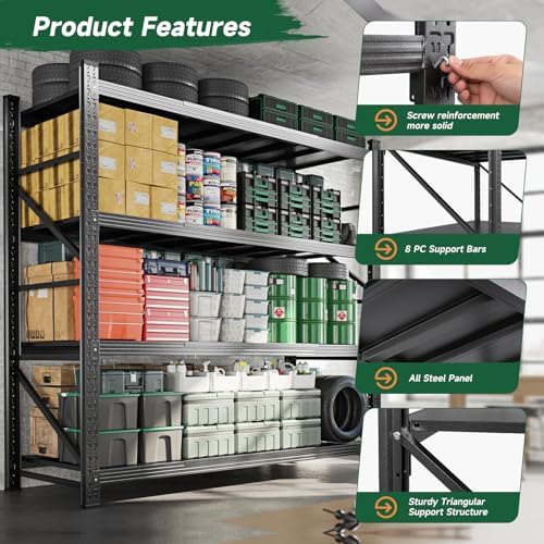 Letaya 6000LBS Storage Shelves Heavy Duty,79" W Garage Shelving Units, 4 Tier Adjustable Utility Rack Shelf,Large Metal Industrial Shelves,for Shop,Warehouse,Basement,Black (79" W x 24" D x 79" H)
