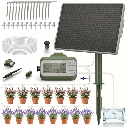 Solar Drip Irrigation System Timed Watering, Programmable Solar Water Drip for 15 Plants, Drip Irrigation Kit with 33FT 1/4'' Tube, 15x Tee Fitting, 15x Flow Valve, 15x Drip Stake(Solar Powered)