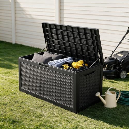 120 Gallon Deck Box,Lockable Outdoor Storage Box Gas Lift,Waterproof Black