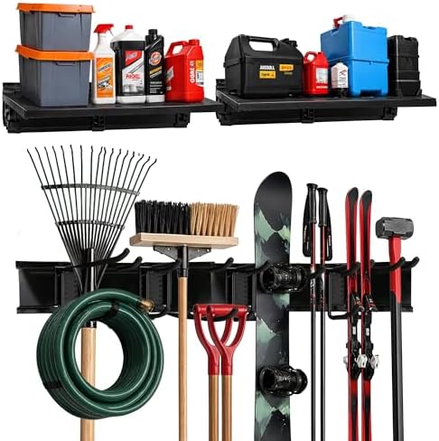 TIDYME Garage Tool Organizer Wall Mount 96", 2 Shelves & 6 Double Hooks